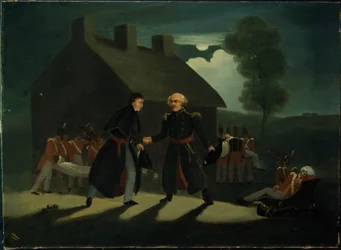 De ontmoeting van Wellington (1769-1852) en Blucher (1742-1819) bij La Belle Alliance na de Slag bij Waterloo, c.1820